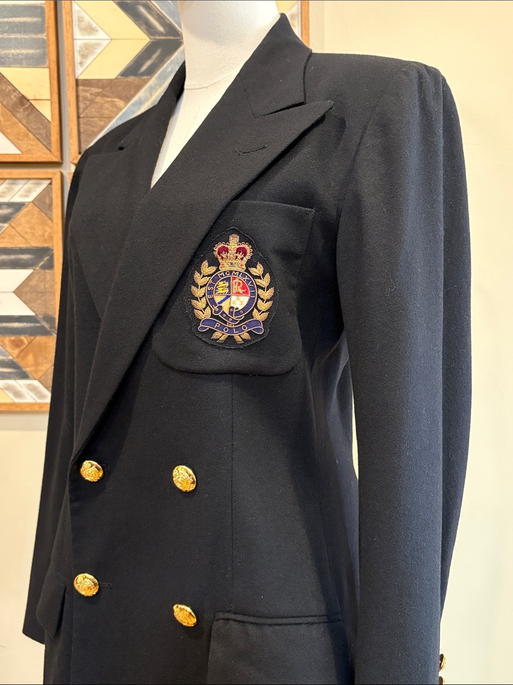 Vintage Ralph Lauren Blue Label 80s Wool Cashmere Black Logo Blazer Suit Coat 4 - Picture 5 of 14